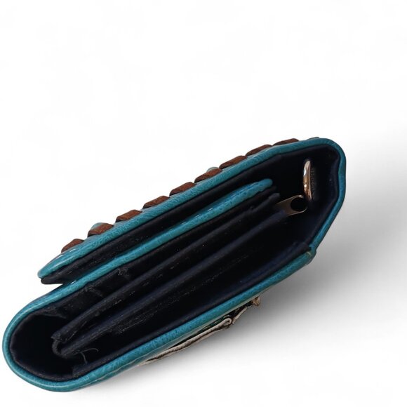 Turquoise Faux Leather Feather Arrow Convertible Wallet Clutch Crossbody - Picture 7 of 16